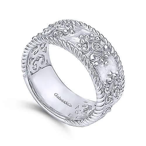 Rings Gabriel Co Sterling Silver Wide Band Ring with Twisted Rope and Diamond Accents