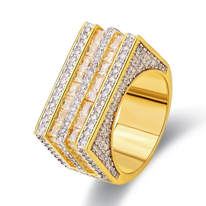 Rings KRKC The Majesty II Double Rows Princess Cut CZ Diamond Mens Hip Hop Ring in 18K Gold Rings KRKC The Majesty II Double Rows Princess Cut CZ Diamond Mens Hip Hop Ring in 18K Gold
