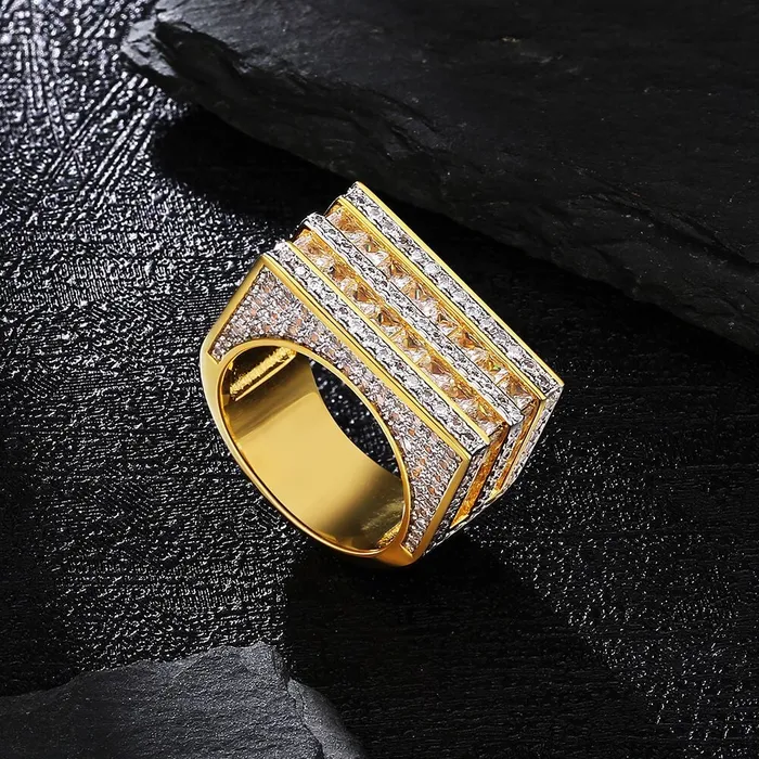 Rings KRKC The Majesty II Double Rows Princess Cut CZ Diamond Mens Hip Hop Ring in 18K Gold