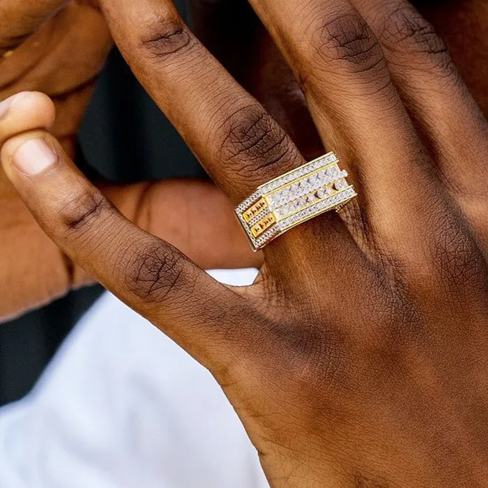 Rings KRKC The Majesty II Double Rows Princess Cut CZ Diamond Mens Hip Hop Ring in 18K Gold