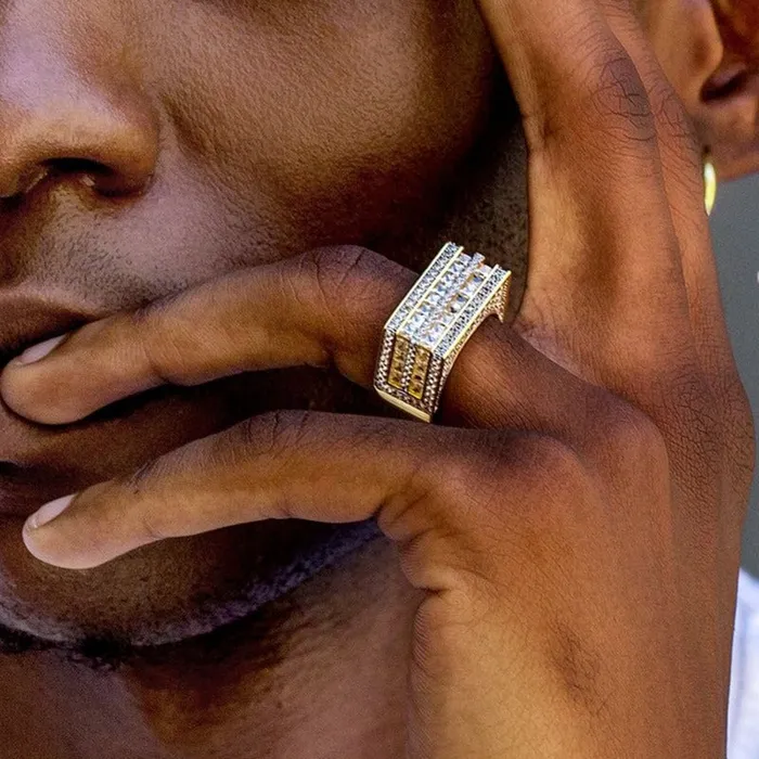 Rings KRKC The Majesty II Double Rows Princess Cut CZ Diamond Mens Hip Hop Ring in 18K Gold