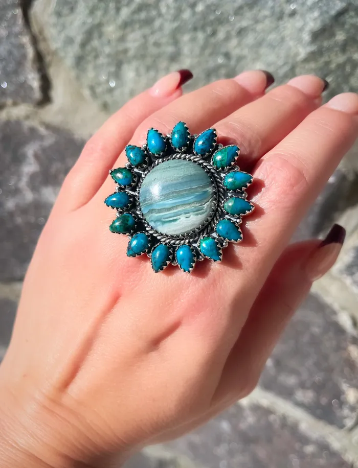 Rings Sophiareneboutiquecom Sterling Silver Green Opal Chrysocolla Cluster Rings