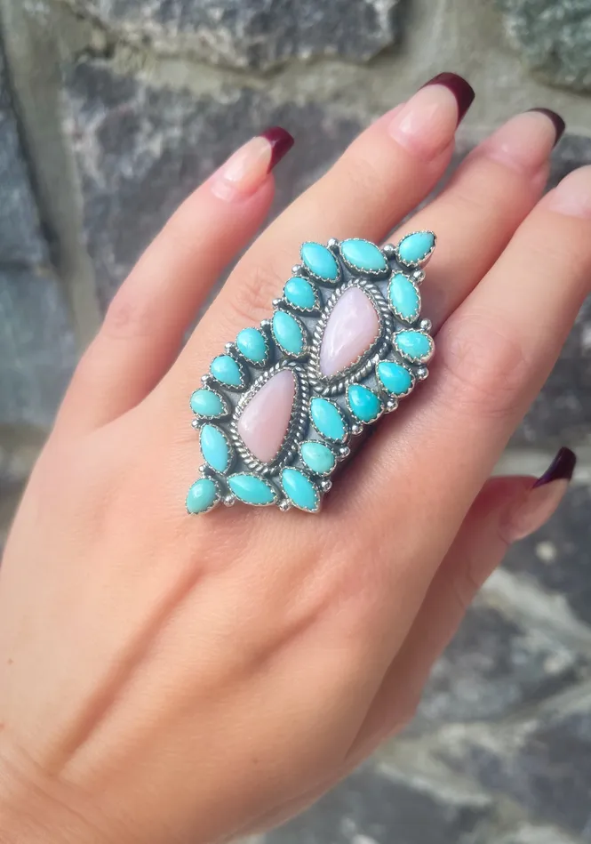 Rings Sophiareneboutiquecom Sterling Silver Pink OpalTurquoise Double Cluster Rings