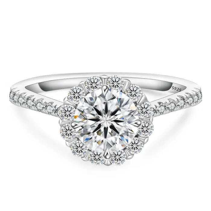 WeiZi Wuzhou Rings Round Cut Moissanite Diamond Paved Halo Ring for Women