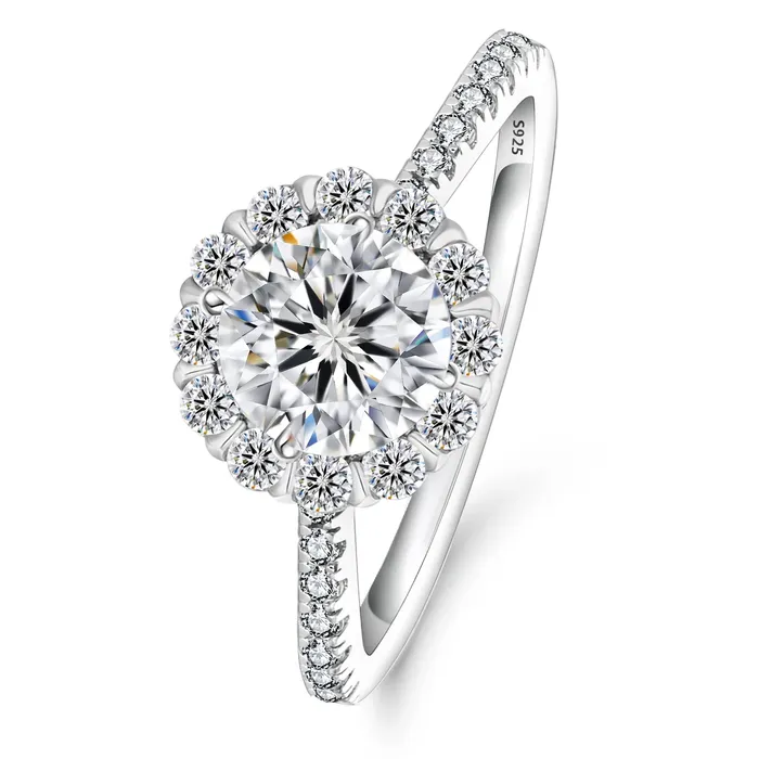 WeiZi Wuzhou Rings Round Cut Moissanite Diamond Paved Halo Ring for Women